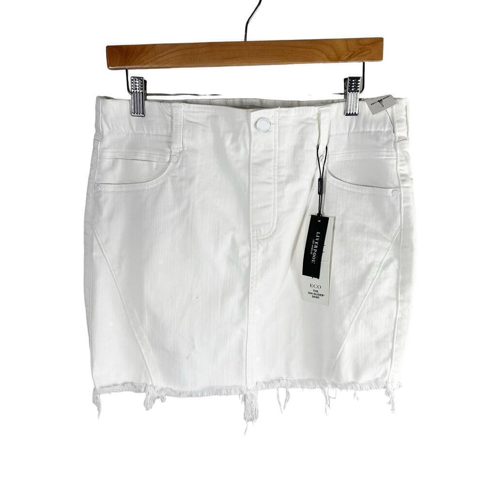 Liverpool Gia Glider Pull-On Skirt  Fray Hem Side Gusset White US 8 Petite